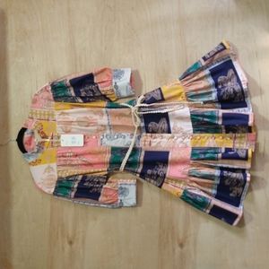 Kaleidoscope Button-Front Dress Band Collar Half Sleeve Ruffle Hem Tunic Dress